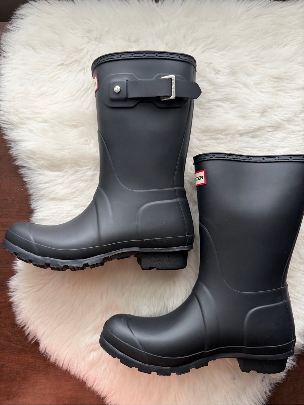 New! Hunter Black Rubber Mid-Calf Rain Boots with Buckle Accent